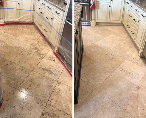 Kitchen Floor Before and After a Stone Cleaning in New Smyrna Beach