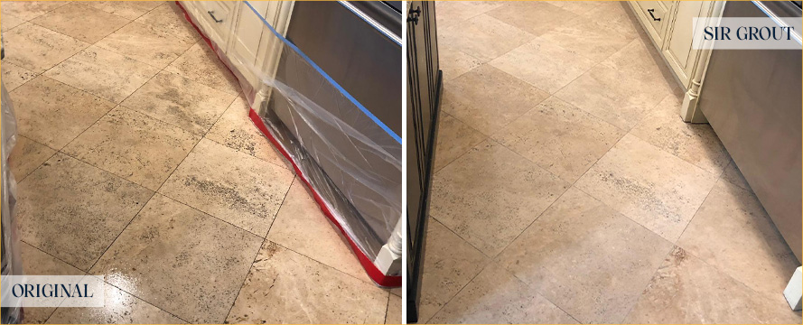 Kitchen Floor Before and After a Stone Cleaning in New Smyrna Beach