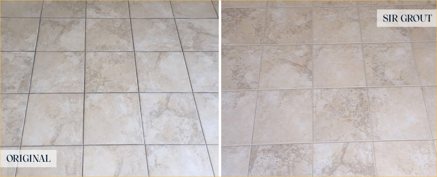 Tile Floor Before and After a Grout Cleaning in Debary