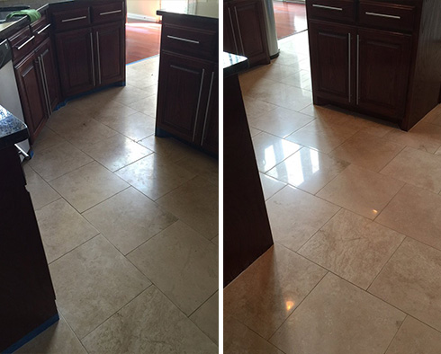 Kitchen Floor Before and After Our Daytona Beach Stone Polishing Service