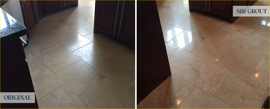 Kitchen Floor Before and After Our Daytona Beach Stone Polishing Service