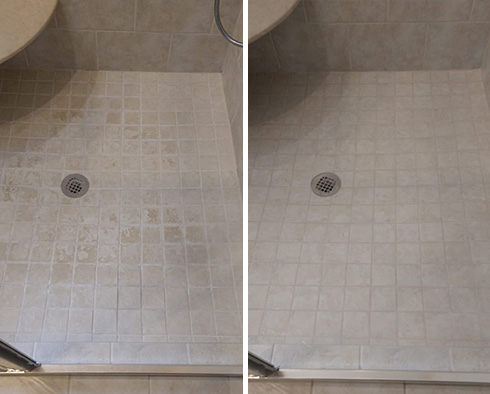 Shower Floor and Seams Before and After a Tile Cleaning in Deltona