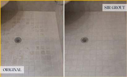 Shower Floor and Seams Before and After a Tile Cleaning in Deltona