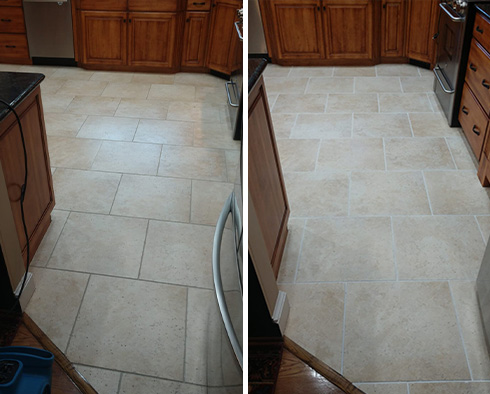 Kitchen Floor Before and After a Grout Cleaning in South Daytona