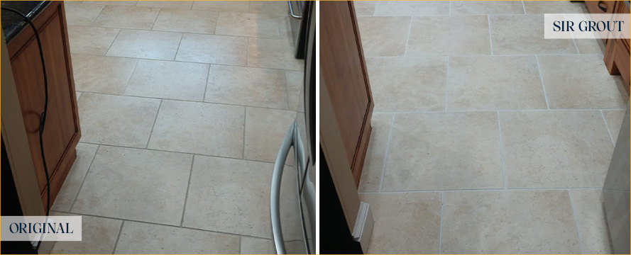 Kitchen Floor Before and After a Grout Cleaning in South Daytona