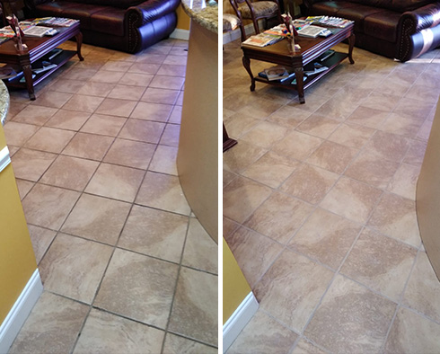 Lobby Floor Before and After a Grout Cleaning in New Smyrna Beach