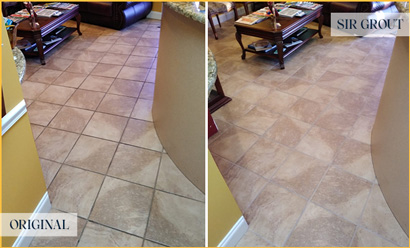 Lobby Floor Before and After a Grout Cleaning in New Smyrna Beach