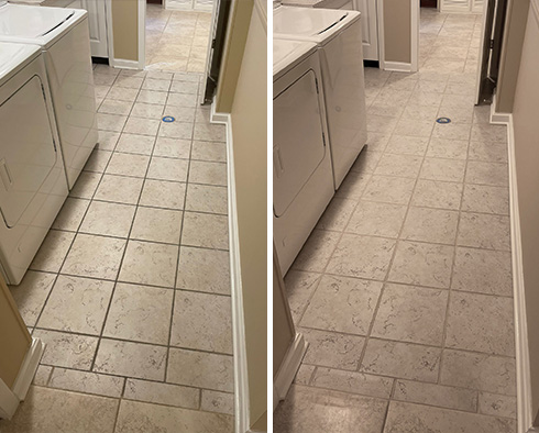 Laundry Room Floor Before and After a Grout Cleaning in Orange City
