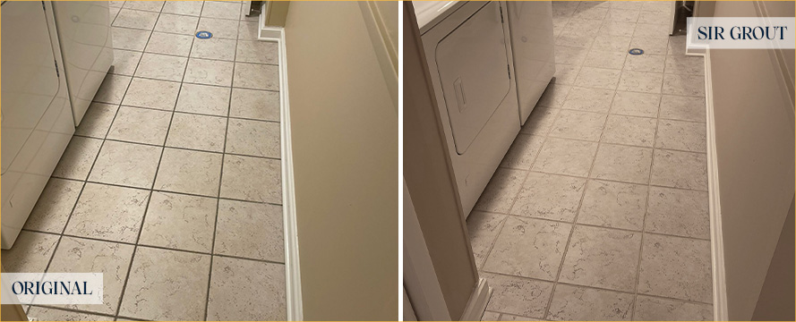 Laundry Room Floor Before and After a Grout Cleaning in Orange City