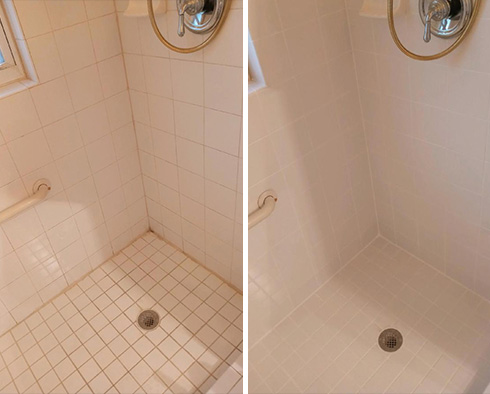 Tile Shower Before and After a Grout Cleaning in Deland