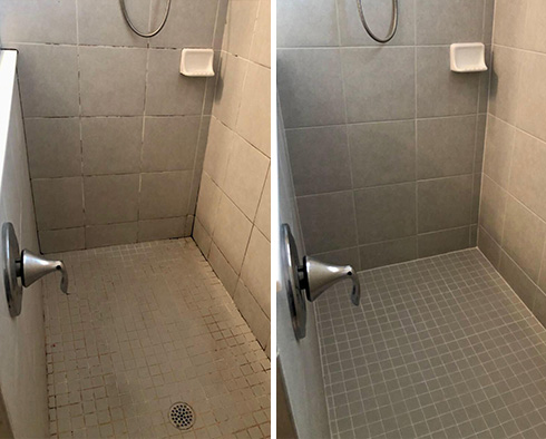 Shower Stall Before and After a Service from Our Tile and Grout Cleaners in Lake Helen