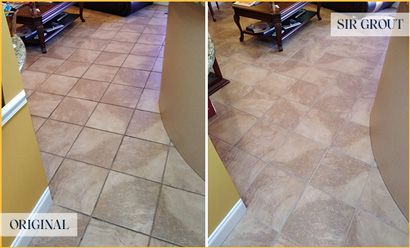 Lobby Floor Before and After a Grout Cleaning in Deland