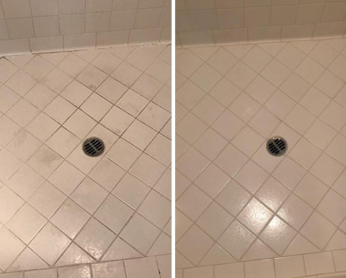 Shower Floor Before and After a Grout Cleaning in Port Orange