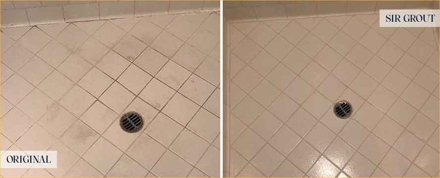Shower Floor Before and After a Grout Cleaning in Port Orange
