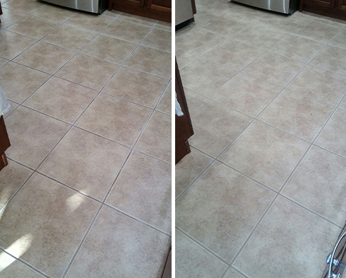 Kitchen Floor Before and After a Grout Cleaning in Port Orange