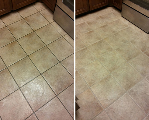Kitchen Floor Before and After a Grout Sealing in Orange City