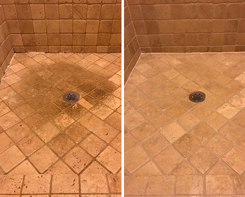 Shower Floor Before and After a Stone Cleaning in New Smryna Beach
