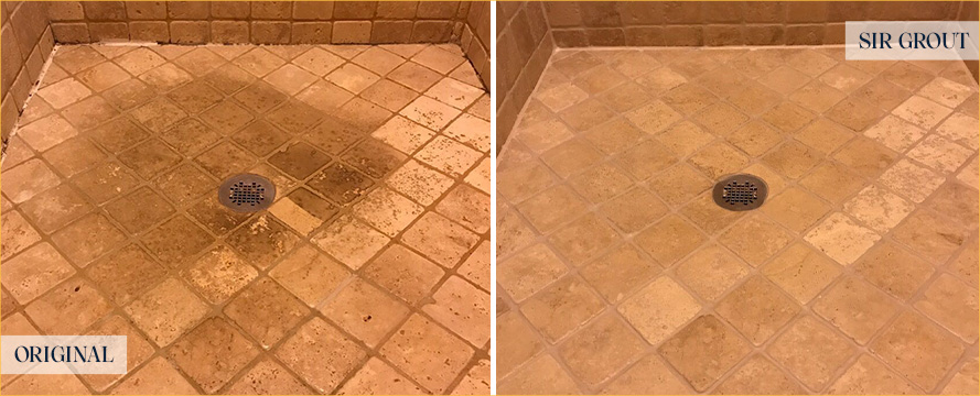 Shower Floor Before and After a Stone Cleaning in New Smryna Beach