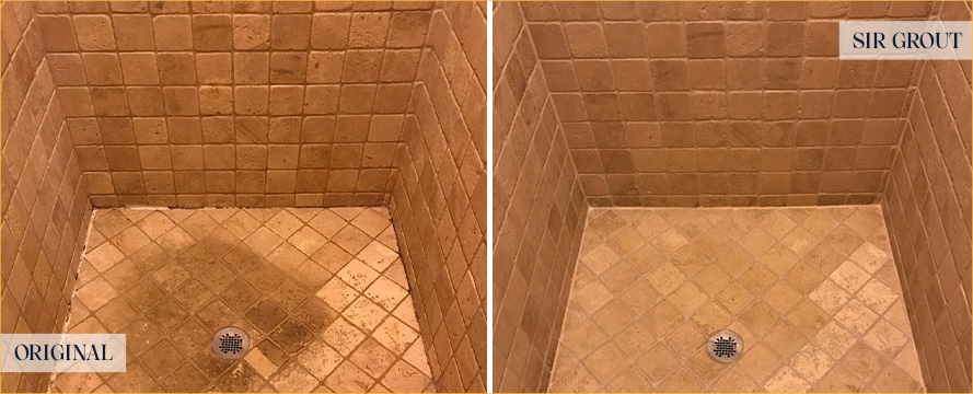 Shower Floor and Walls Before and After a Stone Cleaning in New Smryna Beach