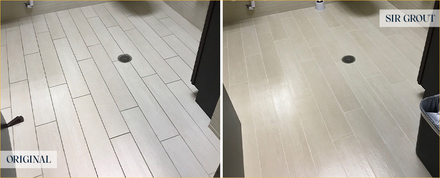 Restroom Floor Before and After a Grout Cleaning in Orange City