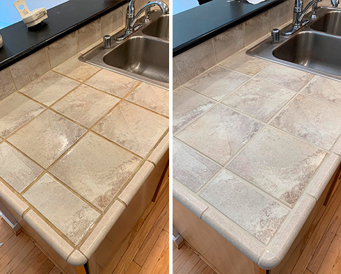 Tile Countertop Before and After a Grout Cleaning in Daytona Beach