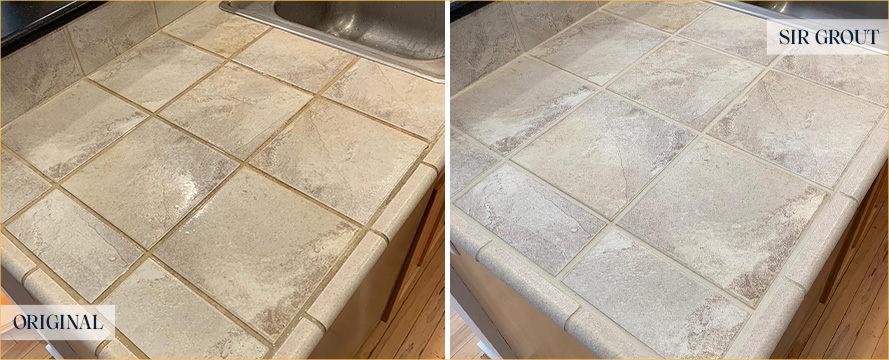 Tile Countertop Before and After a Grout Cleaning in Daytona Beach