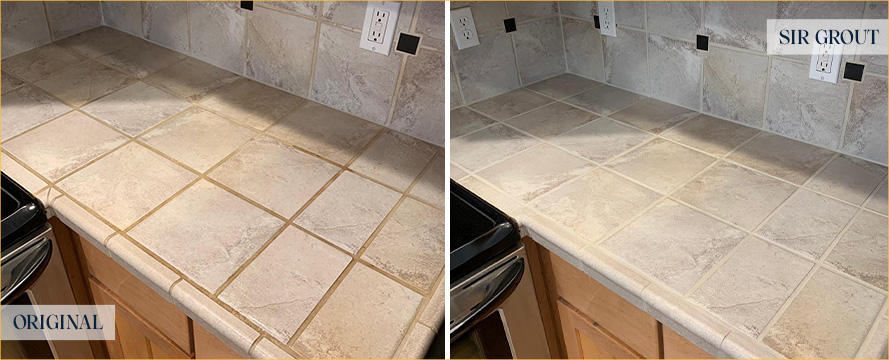 Countertop Before and After a Grout Cleaning in Daytona Beach